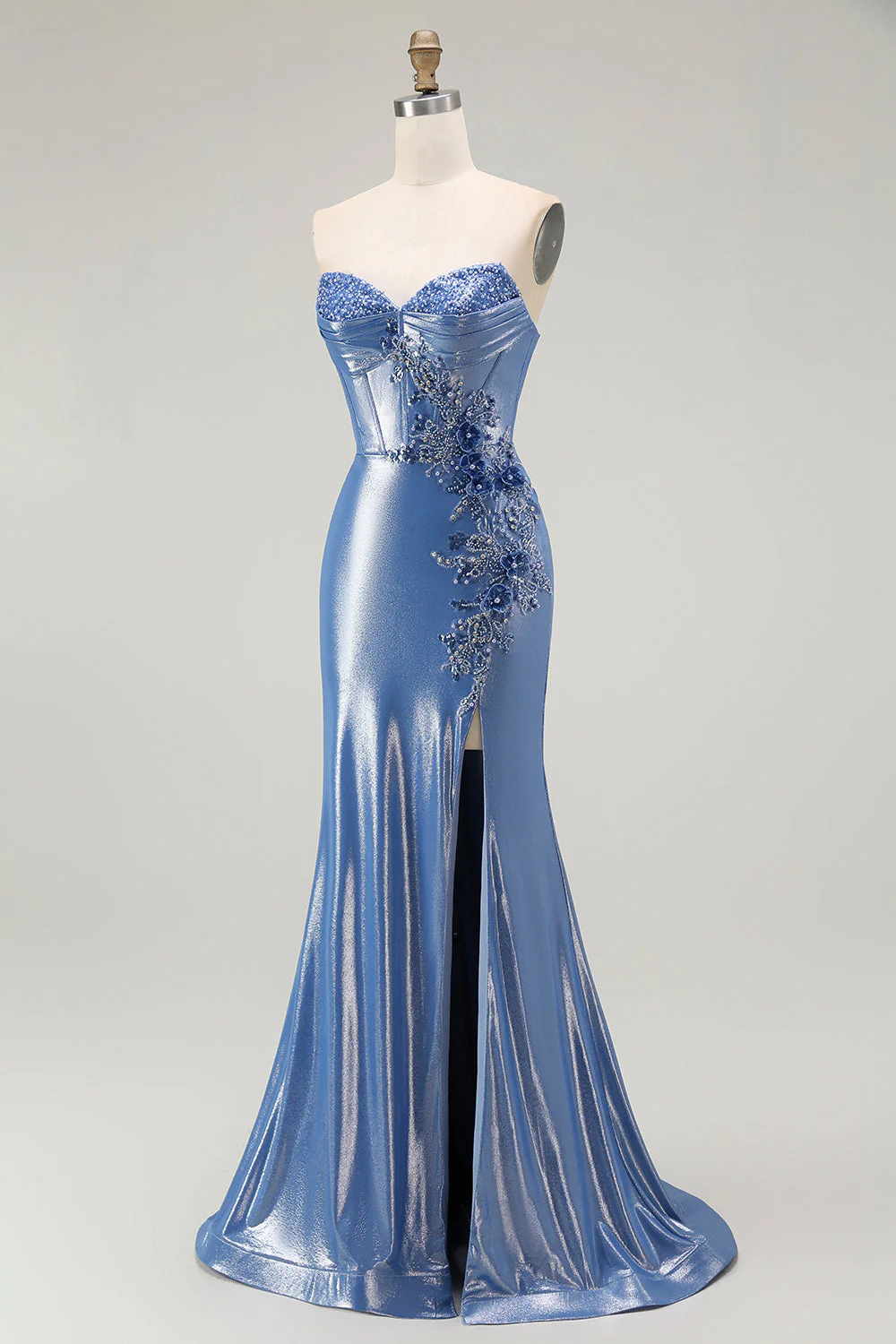 Mermaid Corset Sequins Sweetheart Beaded Blue Prom Dress With Slit - Image 3