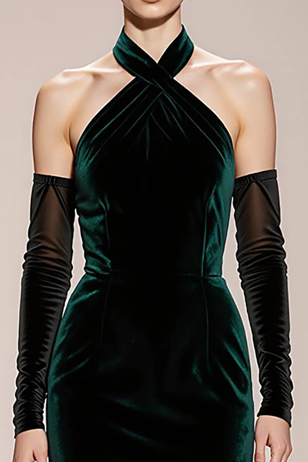 Mermaid Dark Green Halter Velvet Evening Dress - Image 3