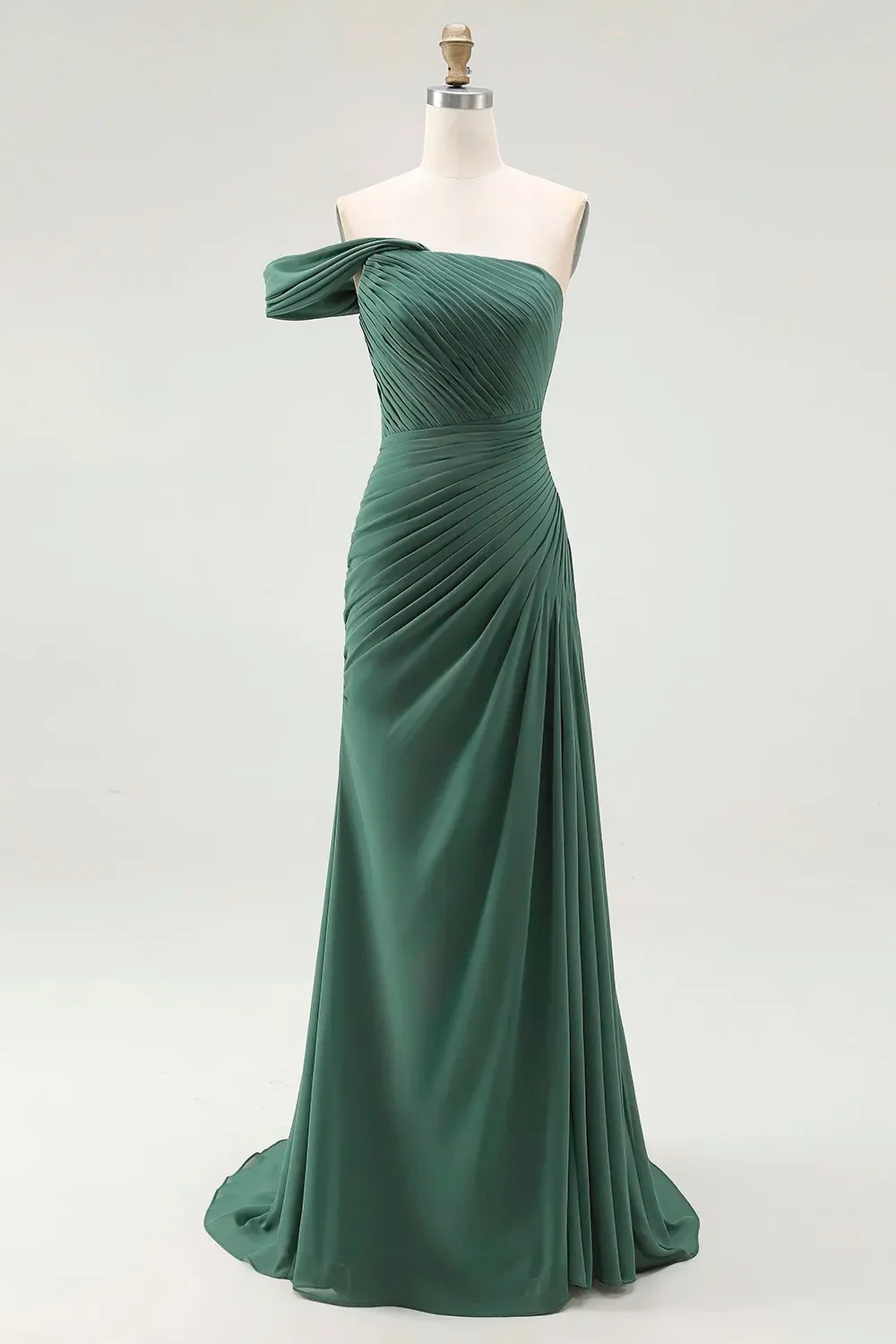 Mermaid Dark Green One Shoulder Pleated Long Formal Dress - Image 3