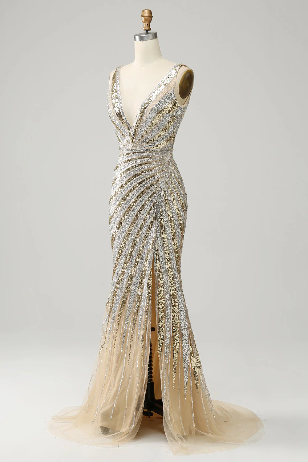Mermaid Deep V Neck Golden Long Prom Dress with Slit - Image 5