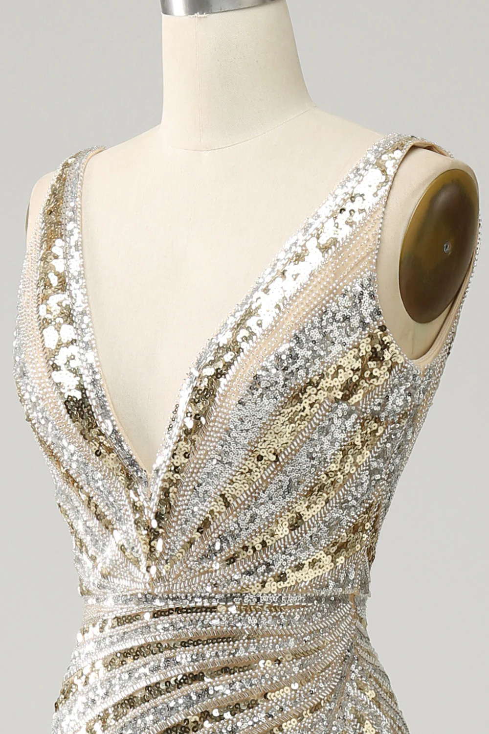 Mermaid Deep V Neck Golden Long Prom Dress with Slit - Image 8