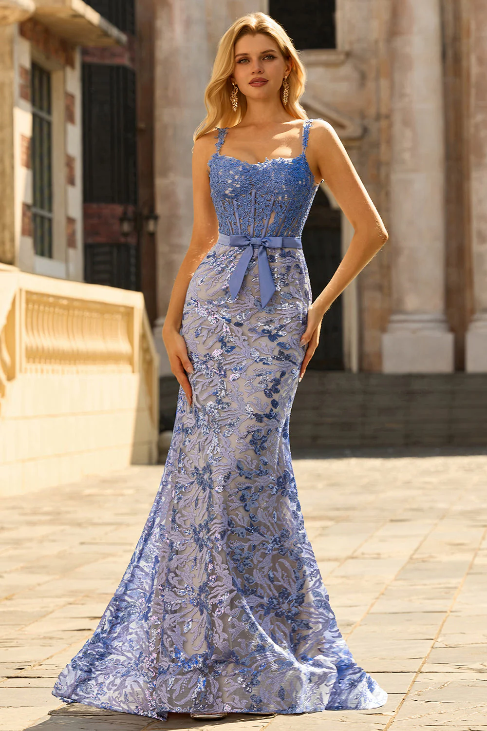 Mermaid Grey Blue Corset Appliqued Sequin Long Prom Dress with Bow - Image 2