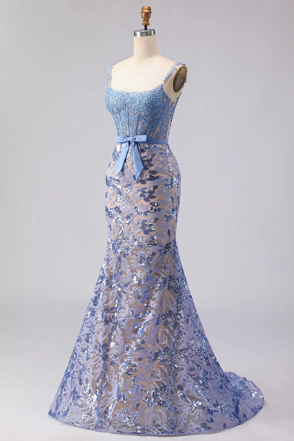 Mermaid Grey Blue Corset Appliqued Sequin Long Prom Dress with Bow - Image 5