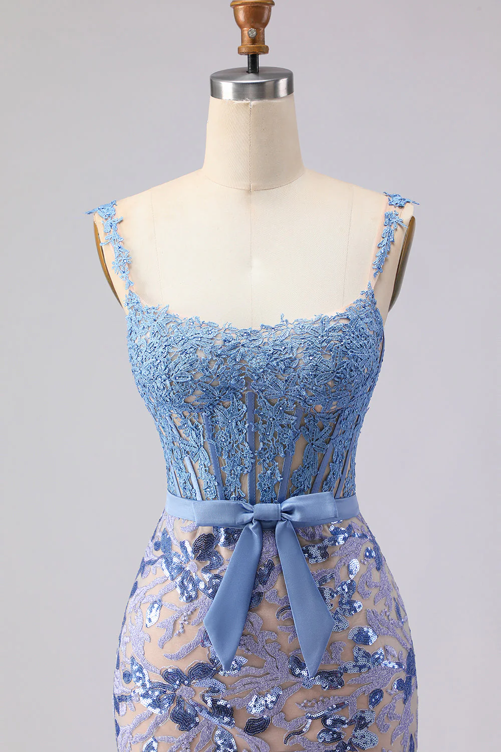 Mermaid Grey Blue Corset Appliqued Sequin Long Prom Dress with Bow - Image 6