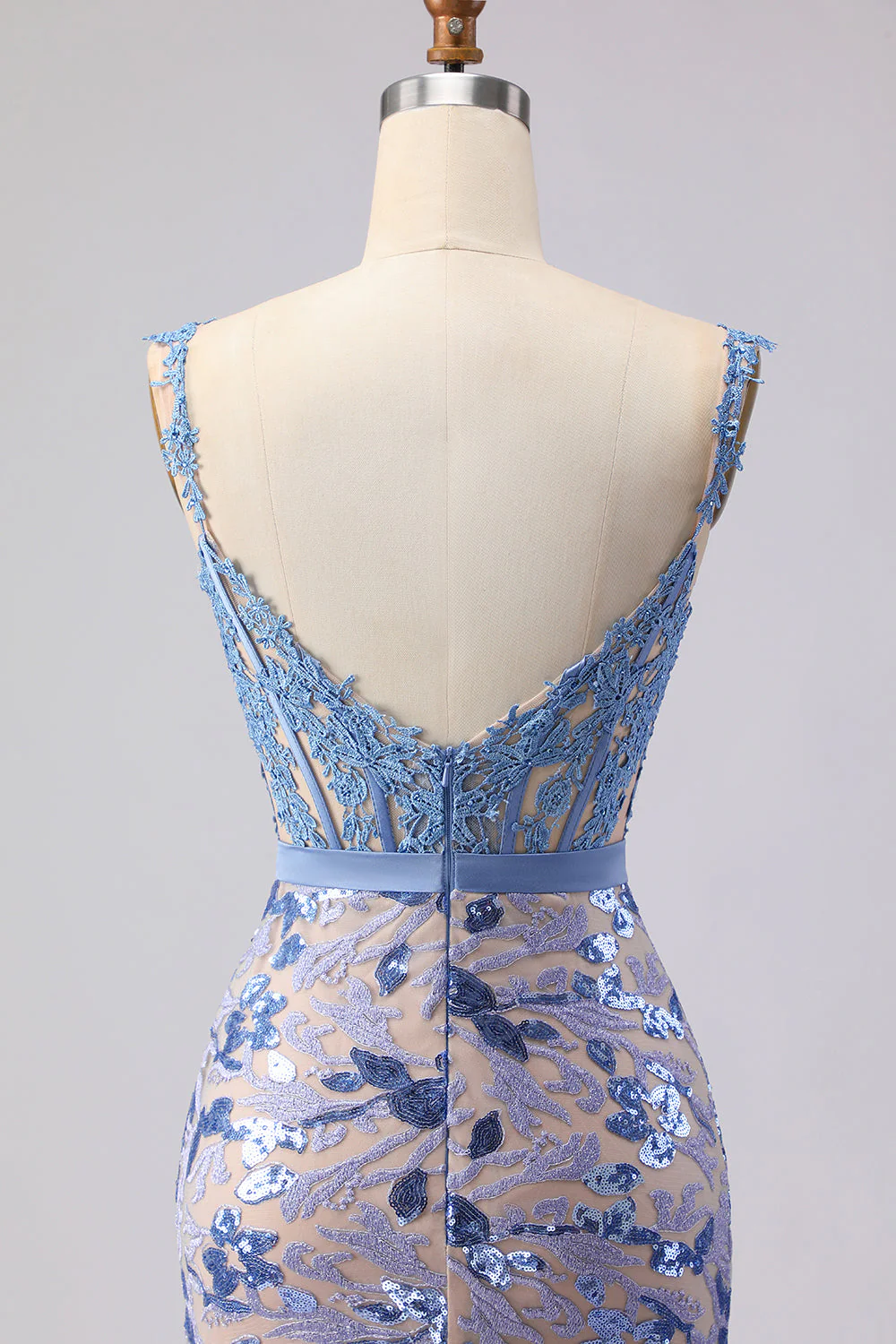 Mermaid Grey Blue Corset Appliqued Sequin Long Prom Dress with Bow - Image 7