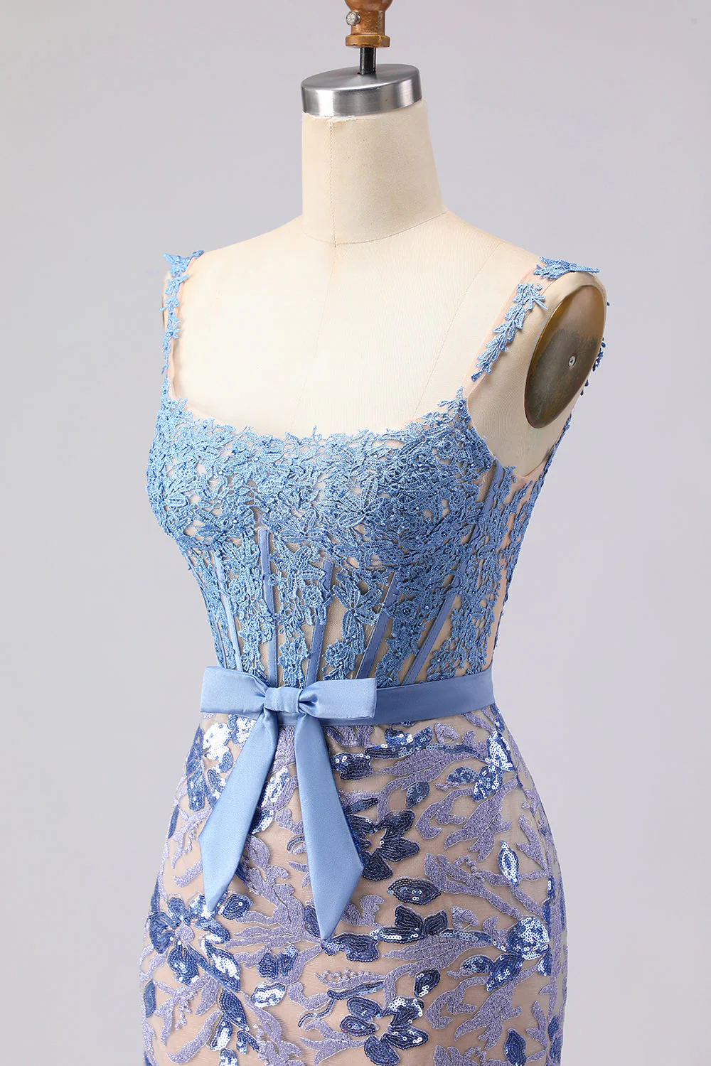 Mermaid Grey Blue Corset Appliqued Sequin Long Prom Dress with Bow - Image 8