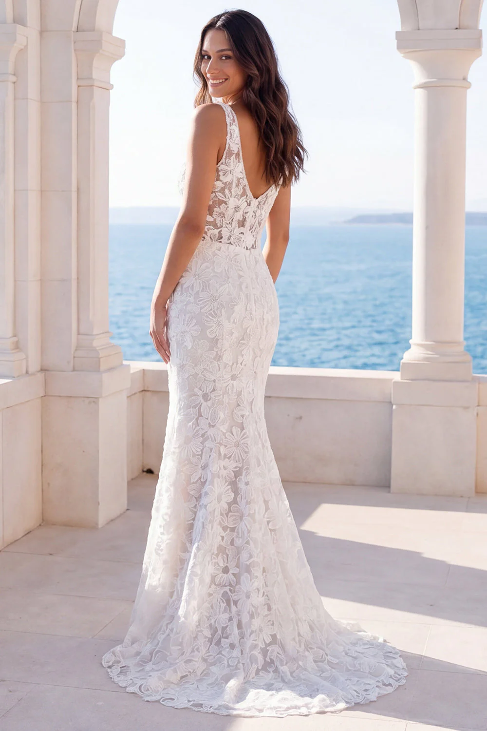 Mermaid Ivory V-Neck Floral Boho Wedding Dress - Image 2