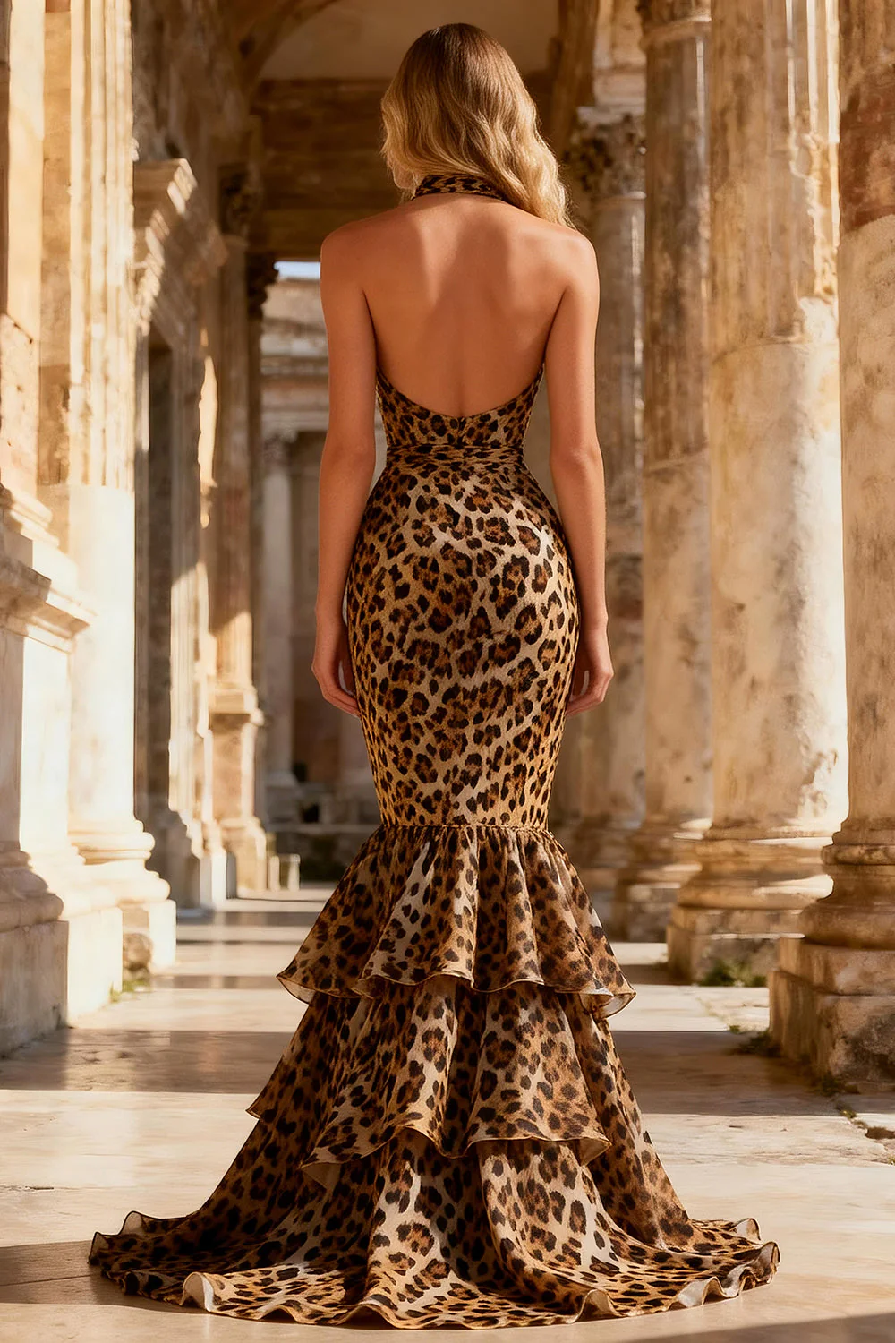 Mermaid Khaki Leopard Halter Open Back Long Prom Dress - Image 2