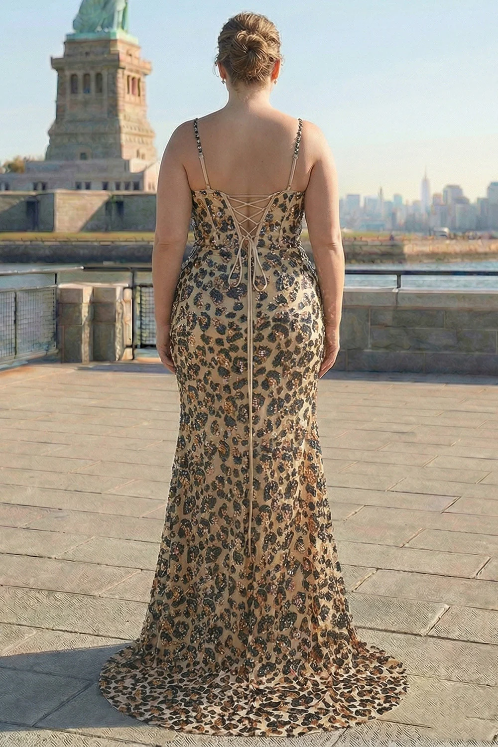 Mermaid Khaki Leopard Sequins Corset Plus Size Long Prom Dress with Slit - Image 2