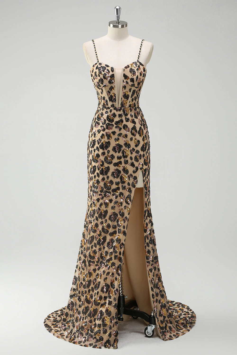 Mermaid Khaki Leopard Sequins Corset Plus Size Long Prom Dress with Slit - Image 4