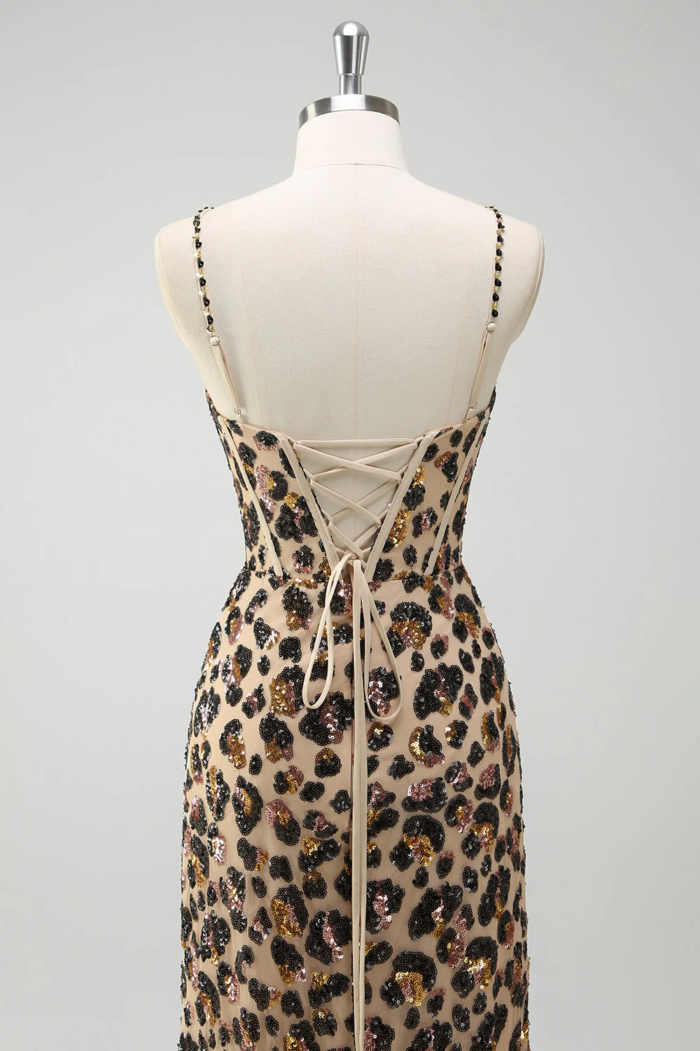 Mermaid Khaki Leopard Sequins Corset Plus Size Long Prom Dress with Slit - Image 8