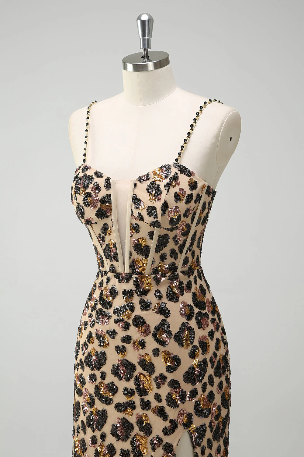 Mermaid Khaki Leopard Sequins Corset Plus Size Long Prom Dress with Slit - Image 9