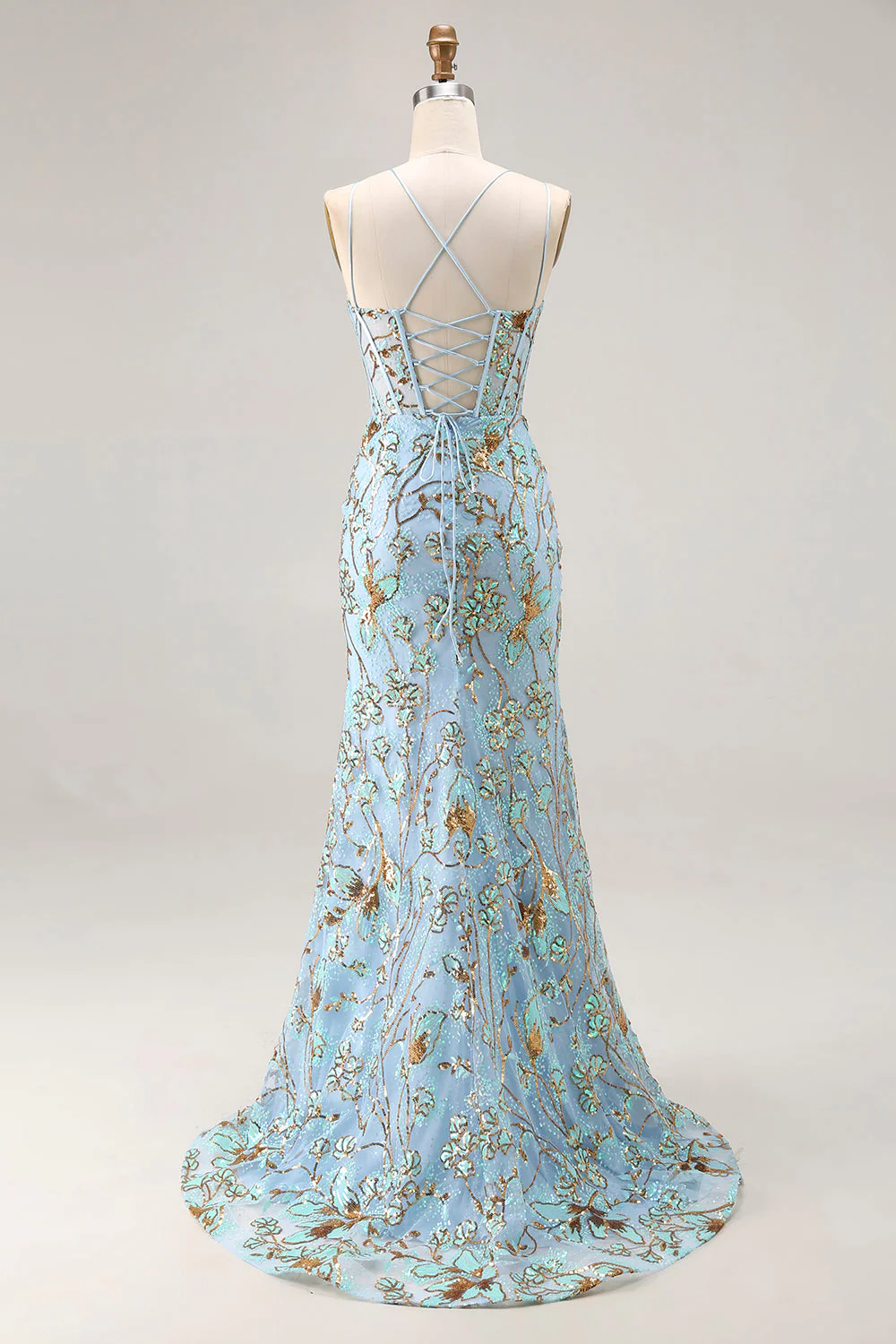 Mermaid Lake Blue Corset Sequins Lace Up Back Long Prom Dress With Slit - Image 2