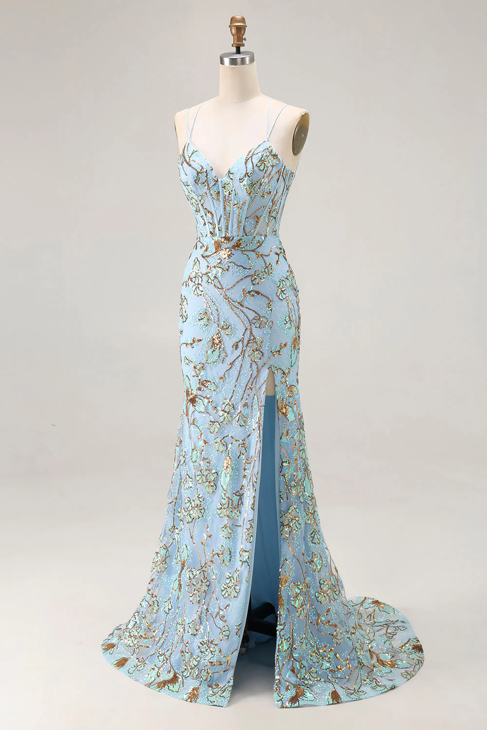 Mermaid Lake Blue Corset Sequins Lace Up Back Long Prom Dress With Slit - Image 3