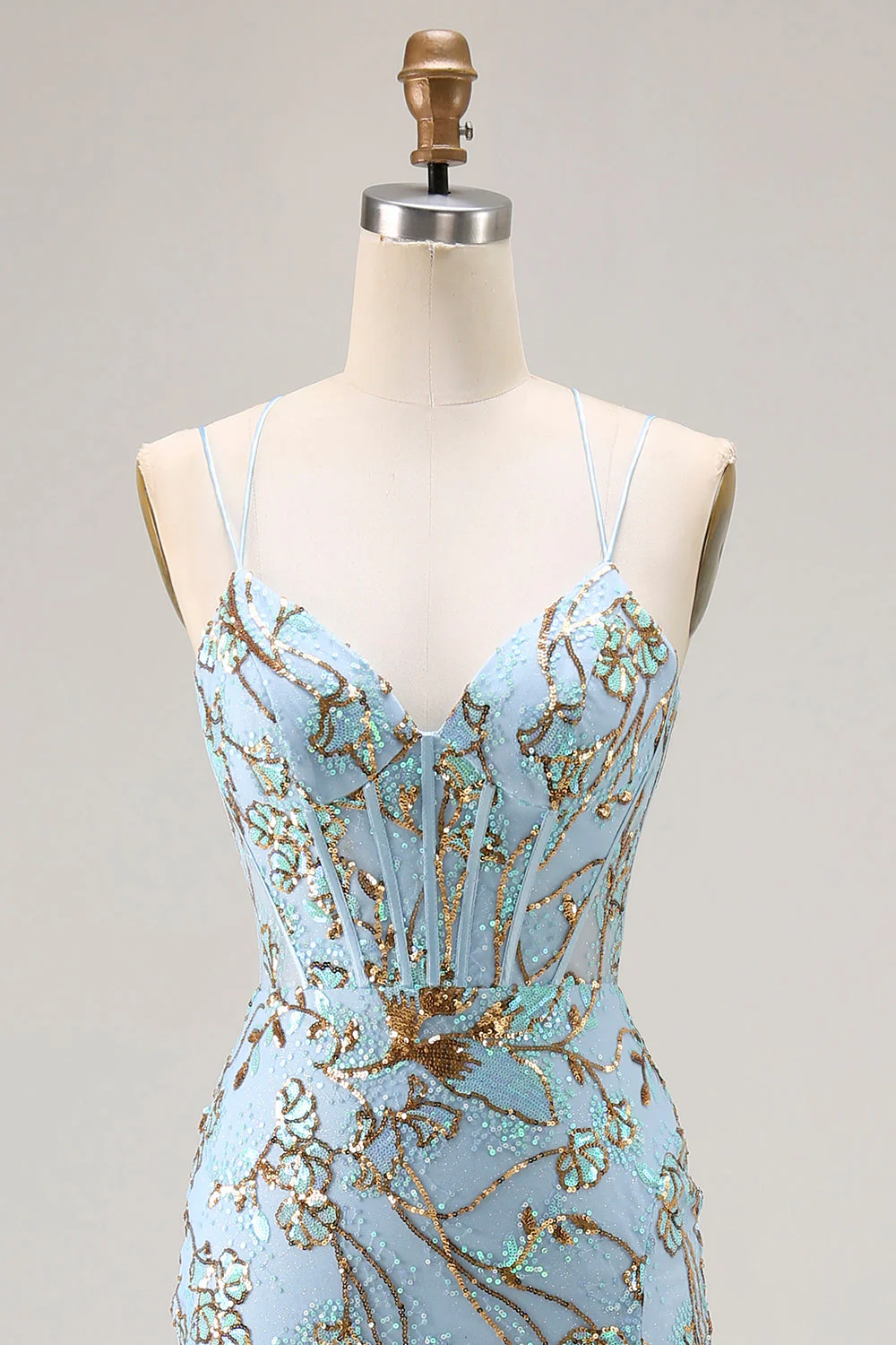 Mermaid Lake Blue Corset Sequins Lace Up Back Long Prom Dress With Slit - Image 4