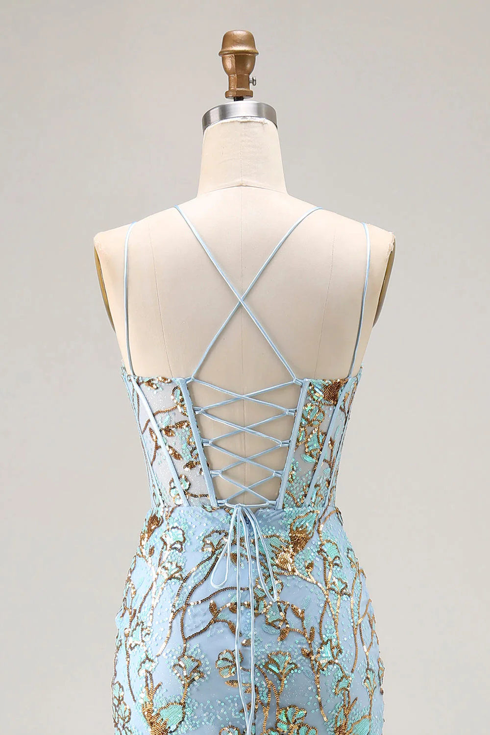 Mermaid Lake Blue Corset Sequins Lace Up Back Long Prom Dress With Slit - Image 5