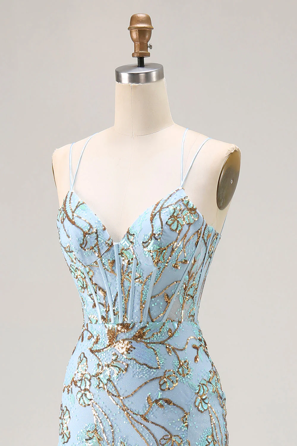 Mermaid Lake Blue Corset Sequins Lace Up Back Long Prom Dress With Slit - Image 6