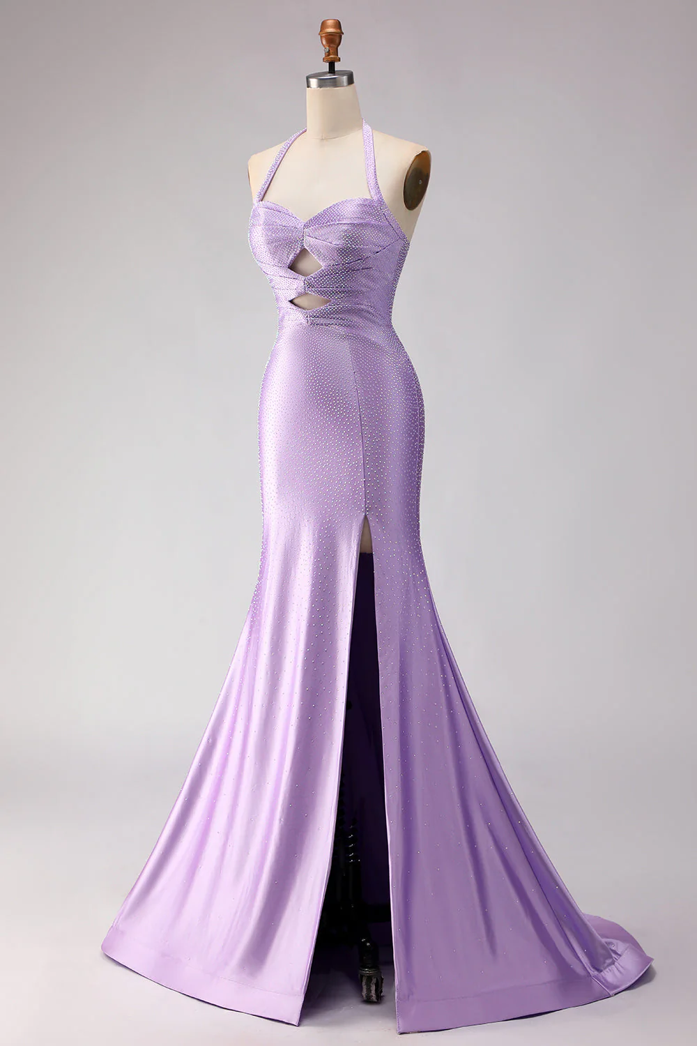 Mermaid Lilac Halter Beaded Cut Out Long Prom Dress with Slit - Image 3