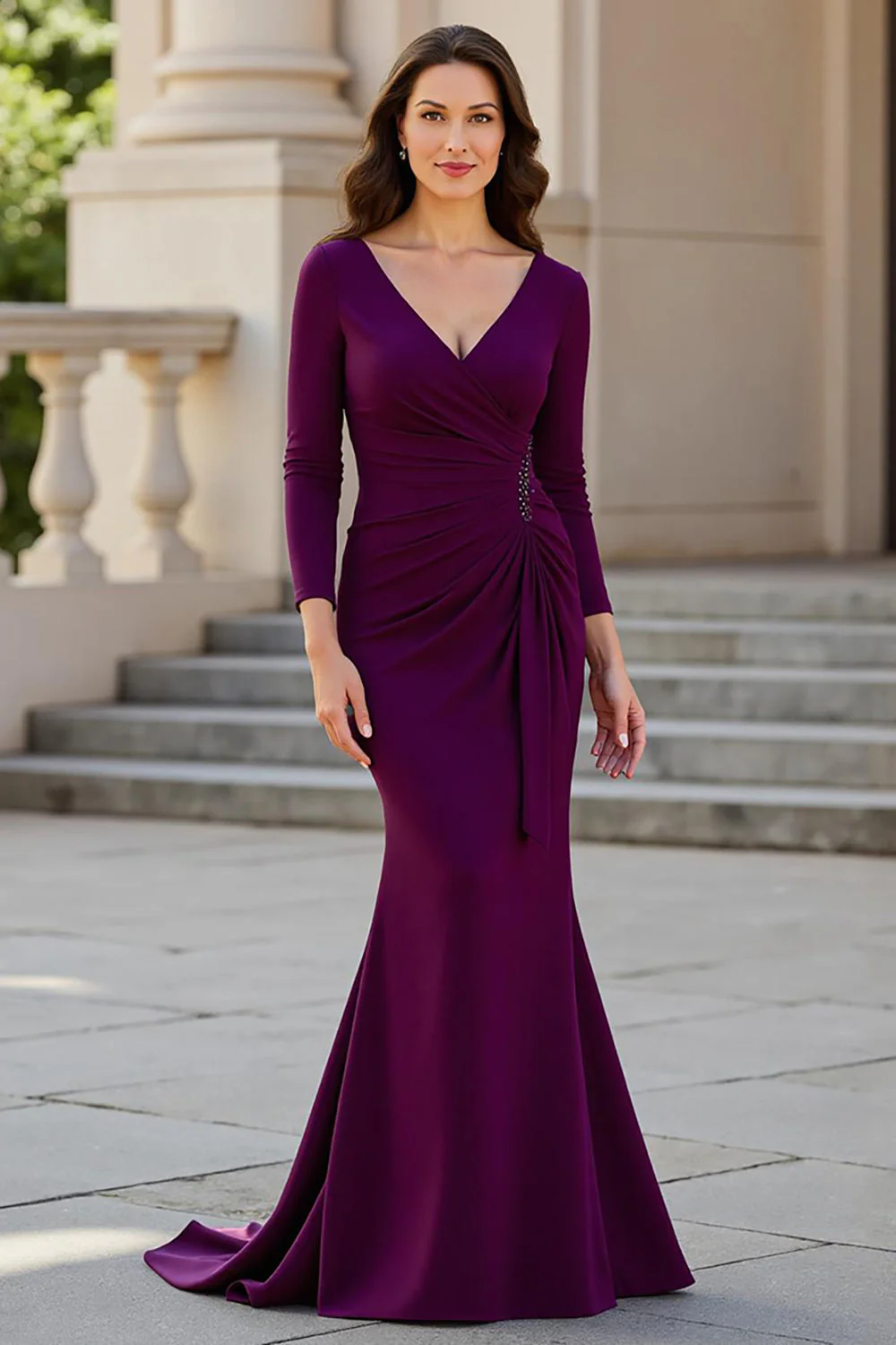 Mermaid Long Sleeves Grape Satin Ruched Choir Dress - Image 2