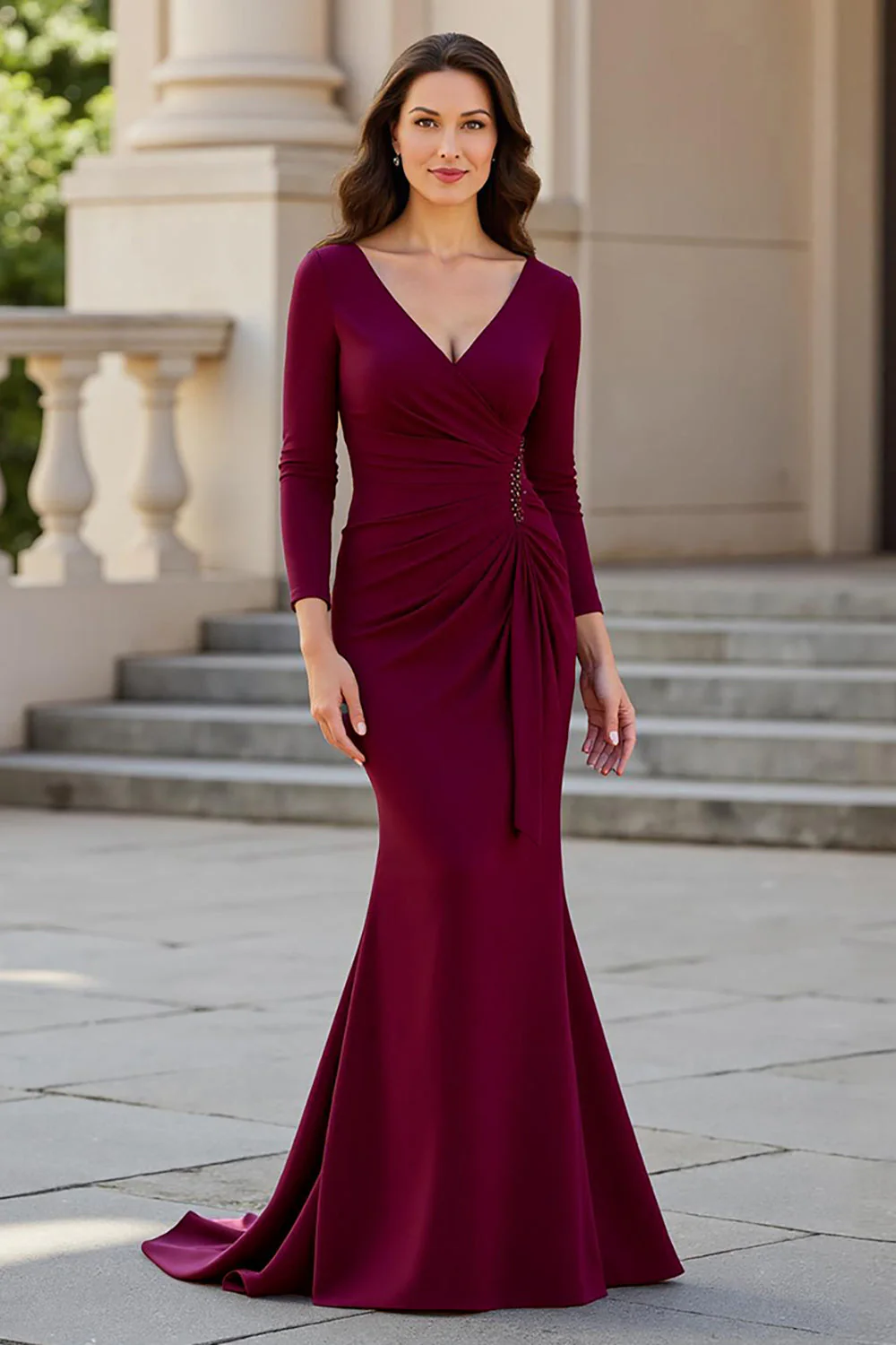 Mermaid Long Sleeves Grape Satin Ruched Choir Dress - Image 6