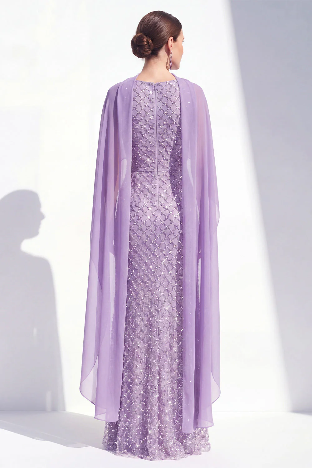 Sparkly Purple Sheath Halter Sequin Long Mother Of the Bride Dress with Cape - Image 2