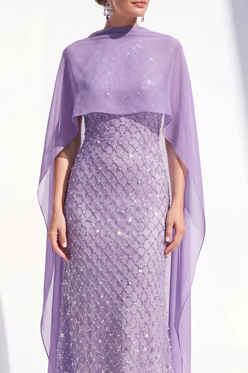 Sparkly Purple Sheath Halter Sequin Long Mother Of the Bride Dress with Cape - Image 3