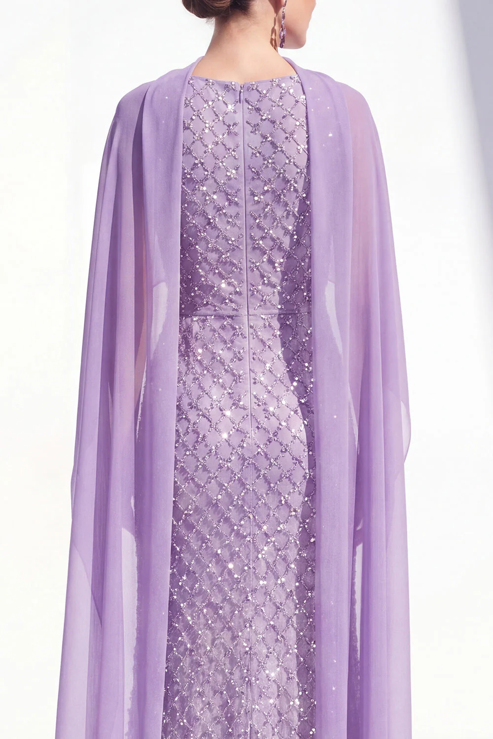 Sparkly Purple Sheath Halter Sequin Long Mother Of the Bride Dress with Cape - Image 4
