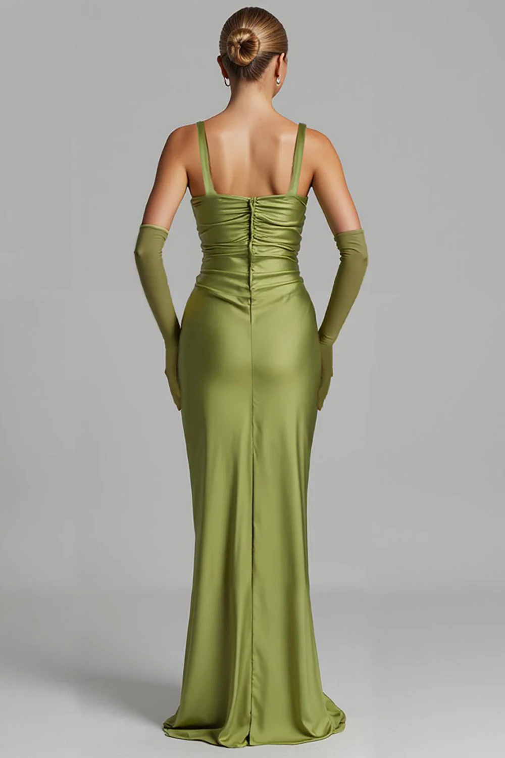 Mermaid Sage Green Satin Ruched Evening Dress - Image 2
