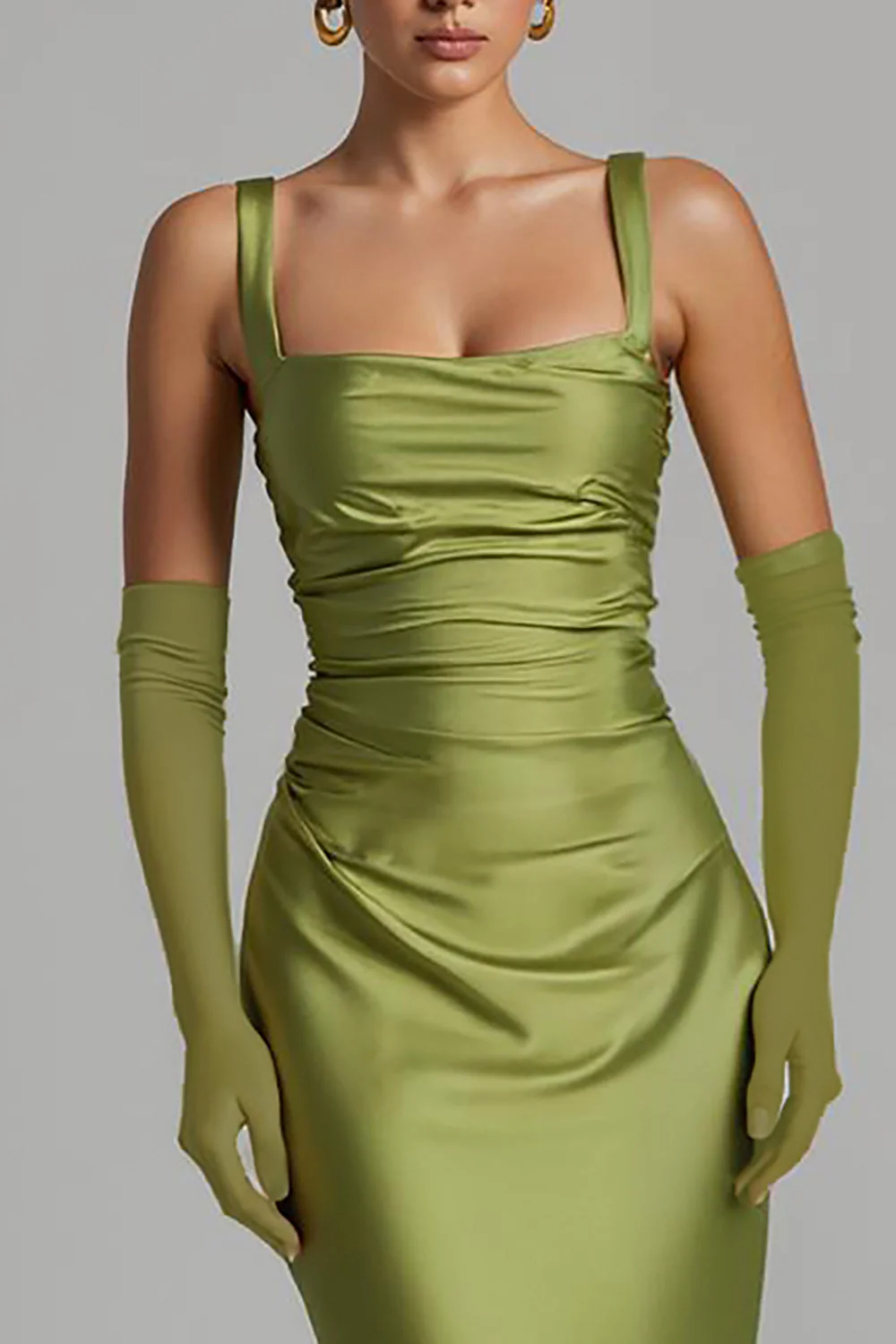 Mermaid Sage Green Satin Ruched Evening Dress - Image 3