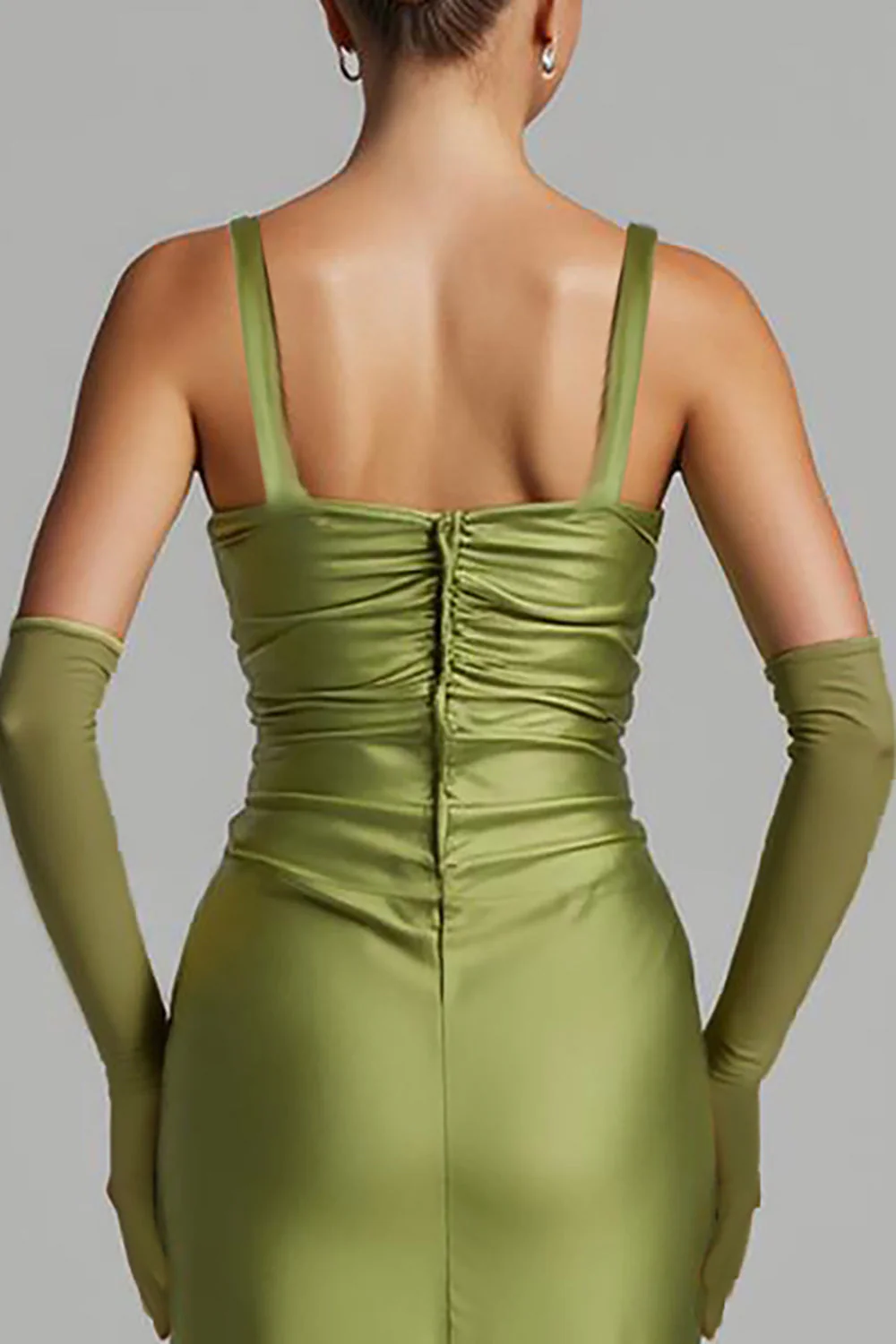 Mermaid Sage Green Satin Ruched Evening Dress - Image 4