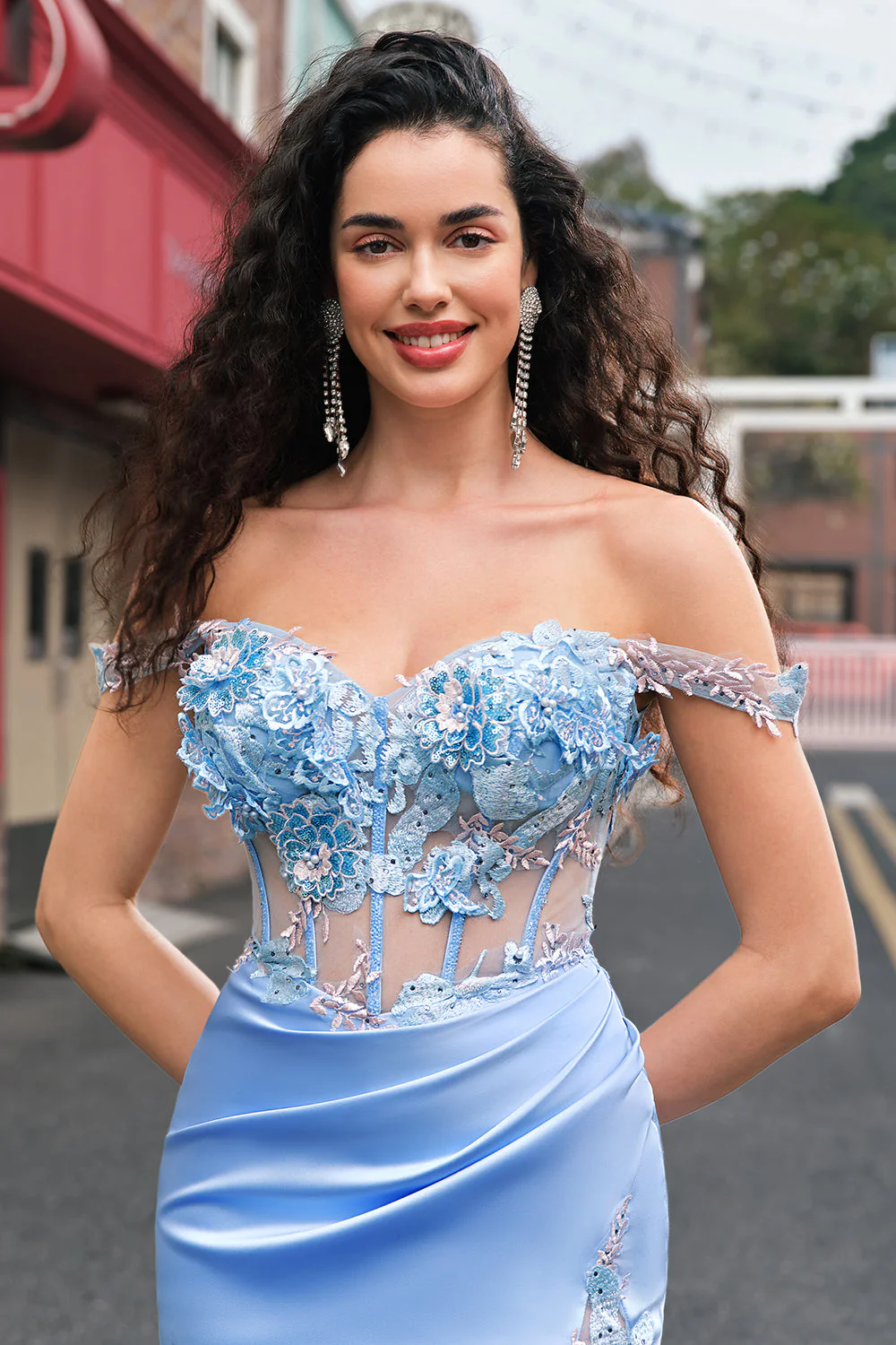 Mermaid Sky Blue Off The Shoulder Corset Long Prom Dress With Slit - Image 4