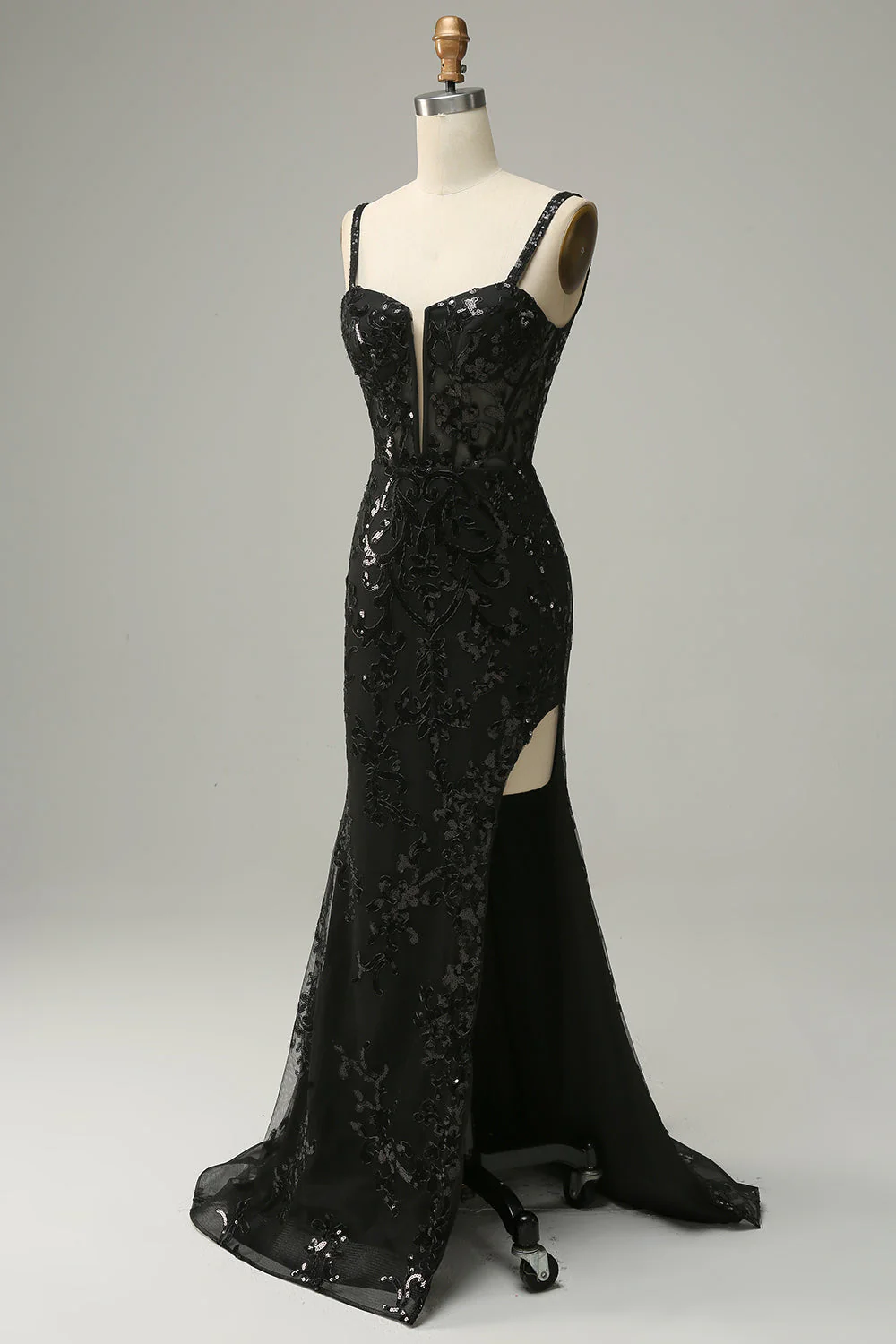 Mermaid Spaghetti Straps Black Sequins Long Prom Dress with Split Front - Image 3