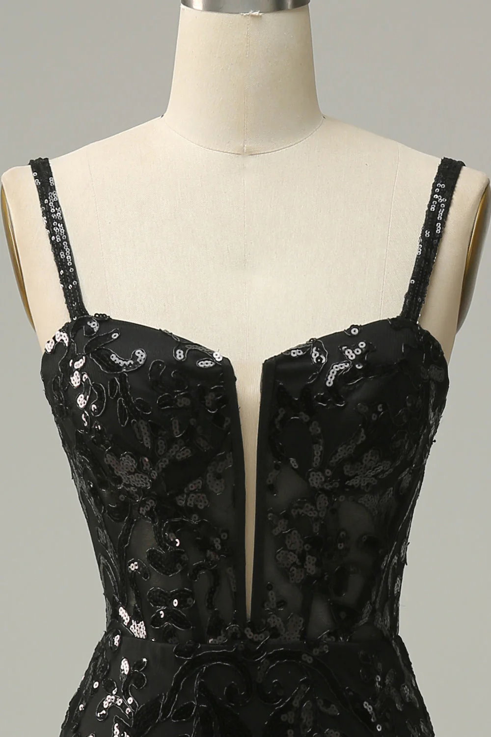 Mermaid Spaghetti Straps Black Sequins Long Prom Dress with Split Front - Image 4
