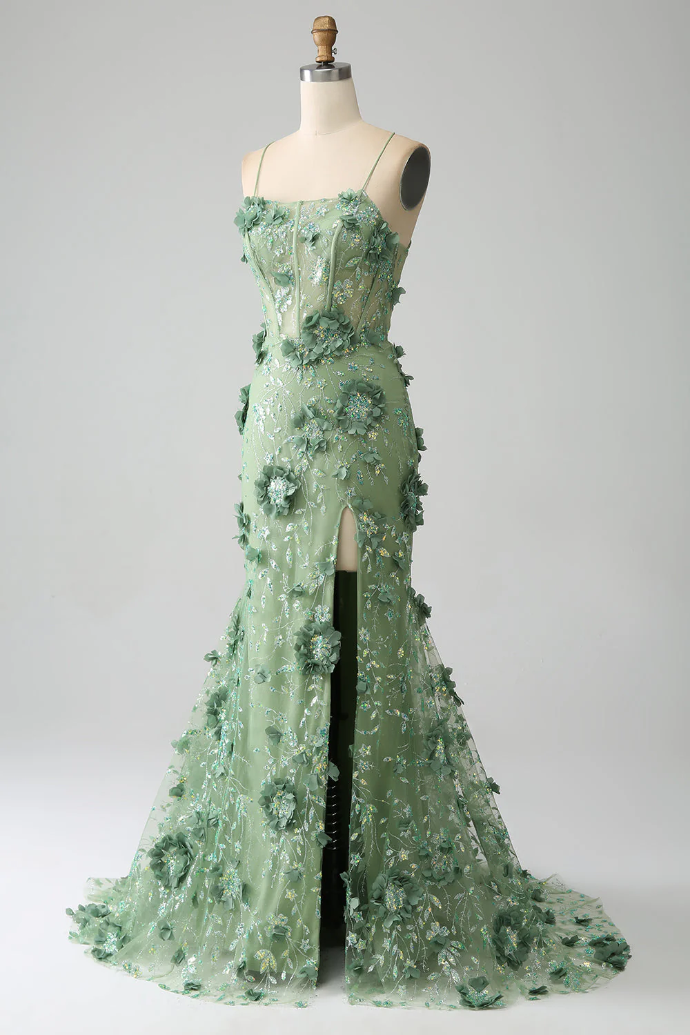 Mermaid Spaghetti Straps Green Corset Prom Dress with Appliques - Image 3