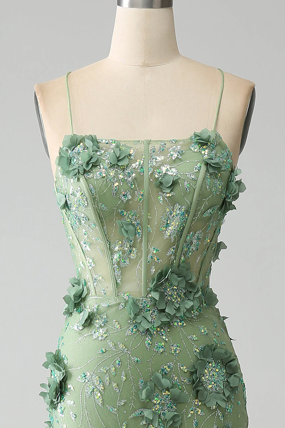 Mermaid Spaghetti Straps Green Corset Prom Dress with Appliques - Image 4