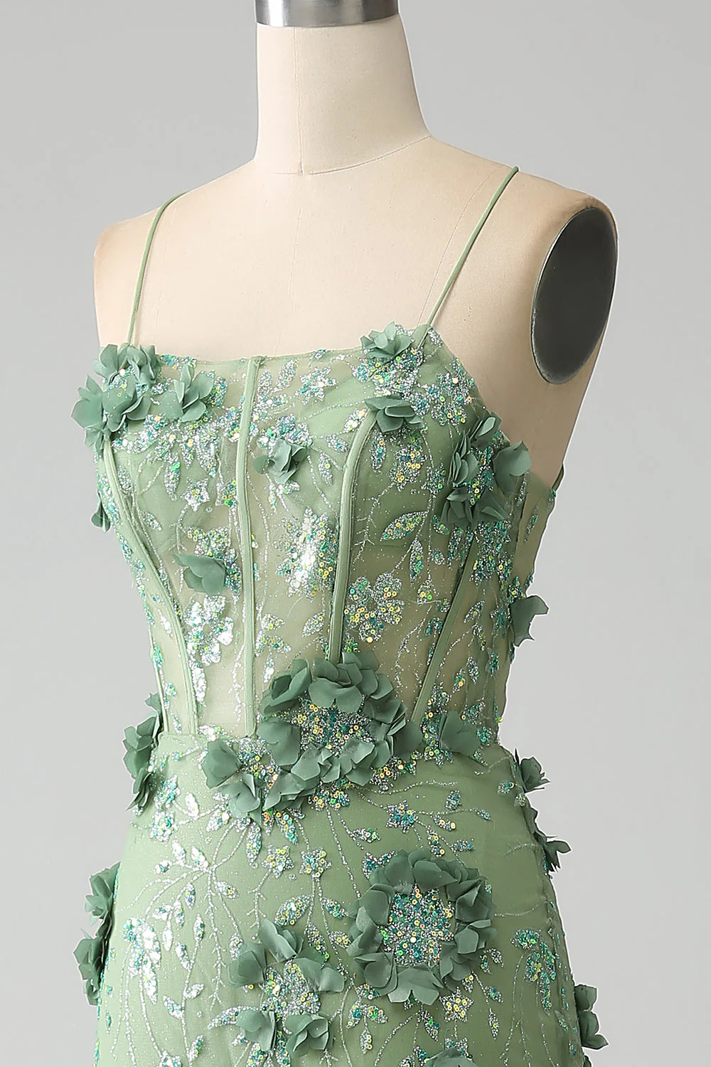 Mermaid Spaghetti Straps Green Corset Prom Dress with Appliques - Image 6