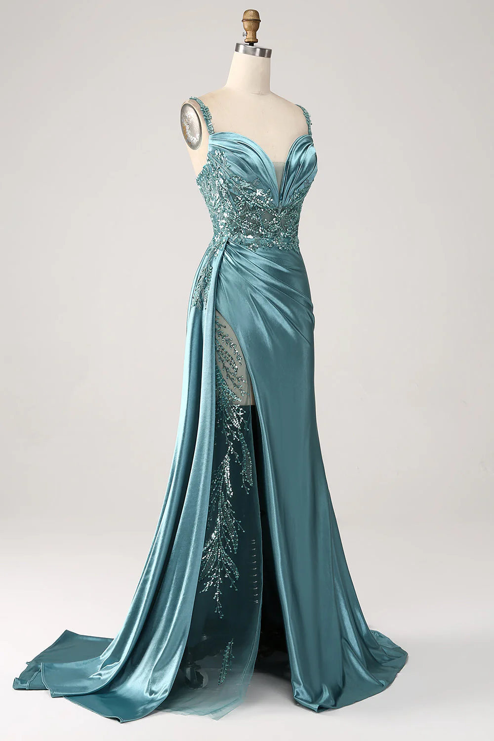 Mermaid Sparkly Champagne Watteau Train Corset Sequins Satin Prom Dress with Slit - Image 10