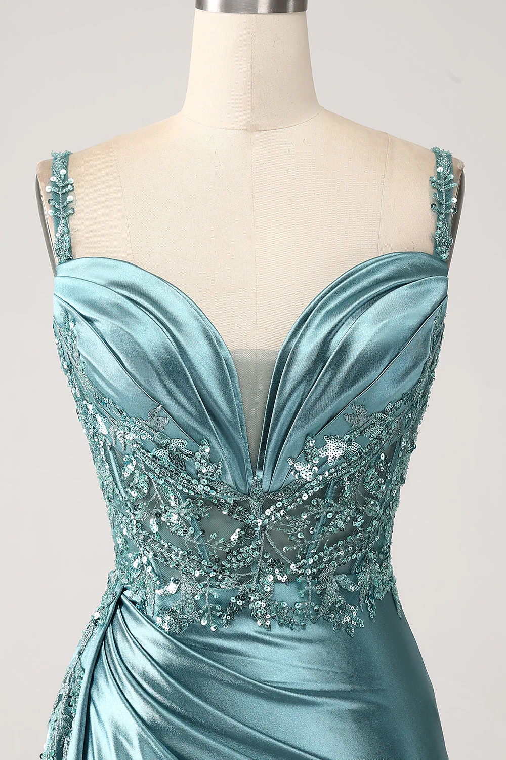 Mermaid Sparkly Champagne Watteau Train Corset Sequins Satin Prom Dress with Slit - Image 11