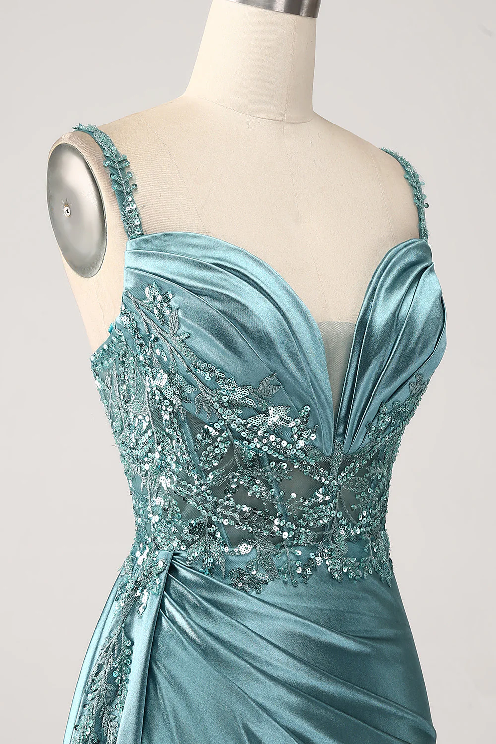 Mermaid Sparkly Champagne Watteau Train Corset Sequins Satin Prom Dress with Slit - Image 12