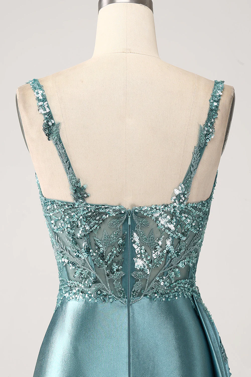Mermaid Sparkly Champagne Watteau Train Corset Sequins Satin Prom Dress with Slit - Image 13