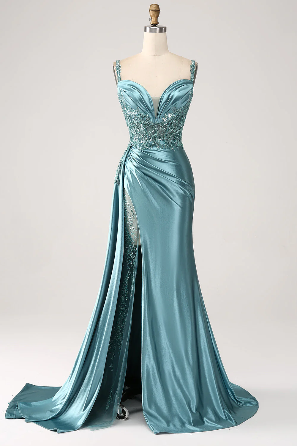Mermaid Sparkly Champagne Watteau Train Corset Sequins Satin Prom Dress with Slit - Image 8