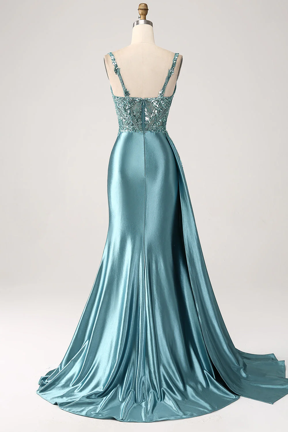 Mermaid Sparkly Champagne Watteau Train Corset Sequins Satin Prom Dress with Slit - Image 9