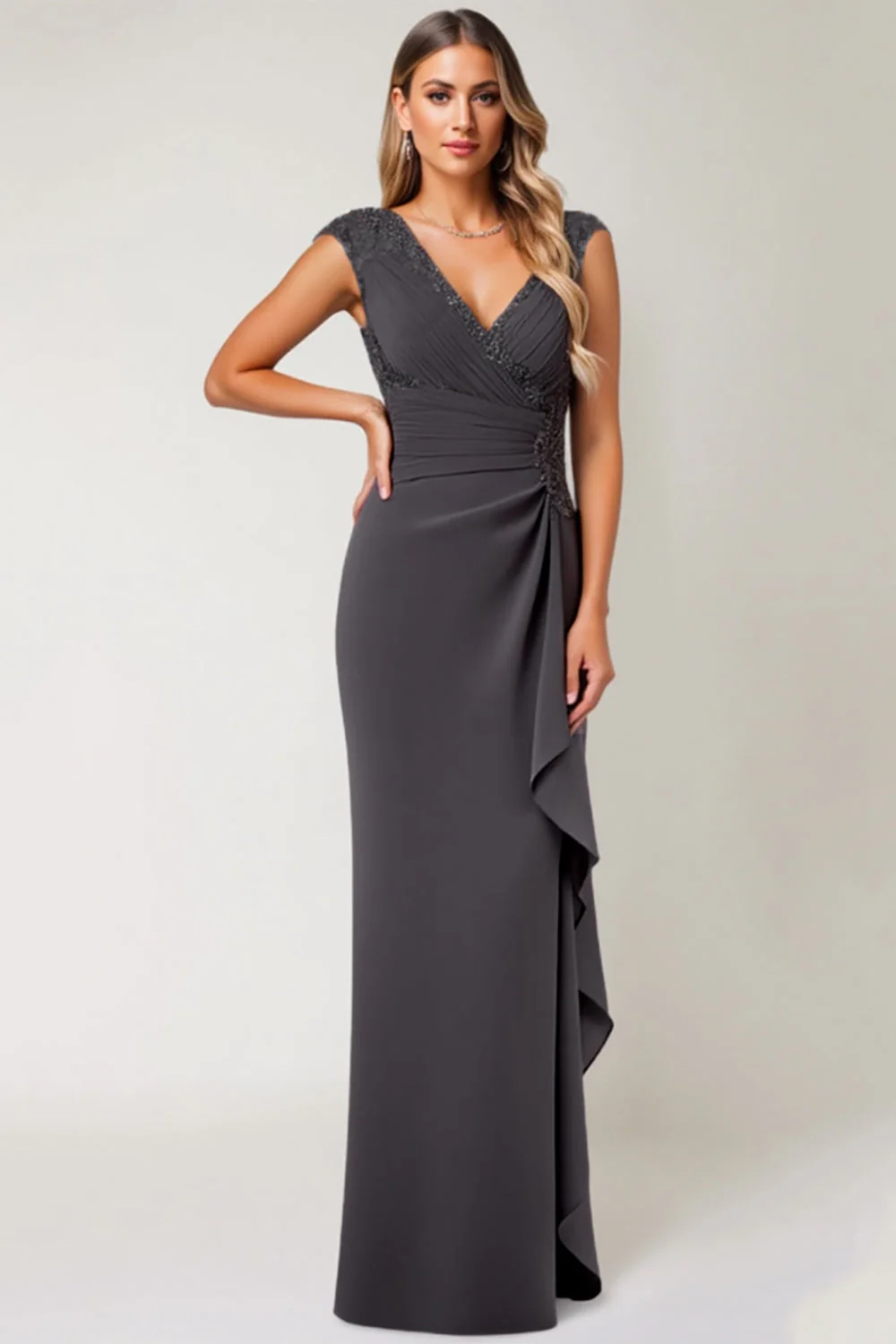 Mermaid Steel Grey Pleated Chiffon Choir Dress with Beading - Image 2