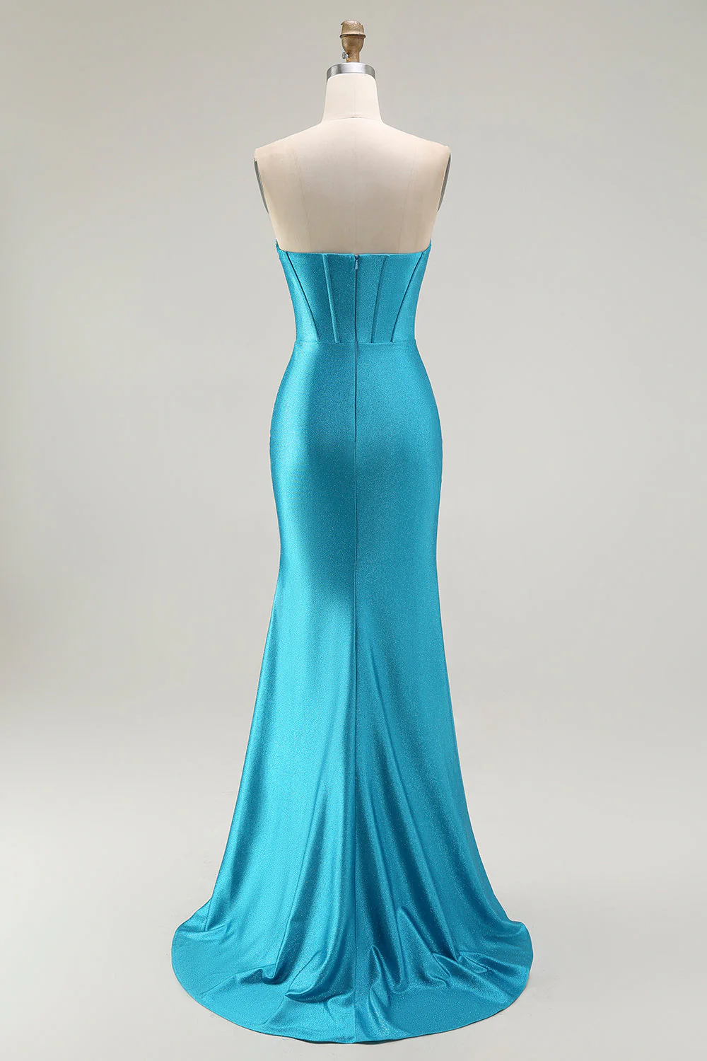 Mermaid Strapless Corset Beaded Blue Prom Dress with Ruffle Slit - Image 2