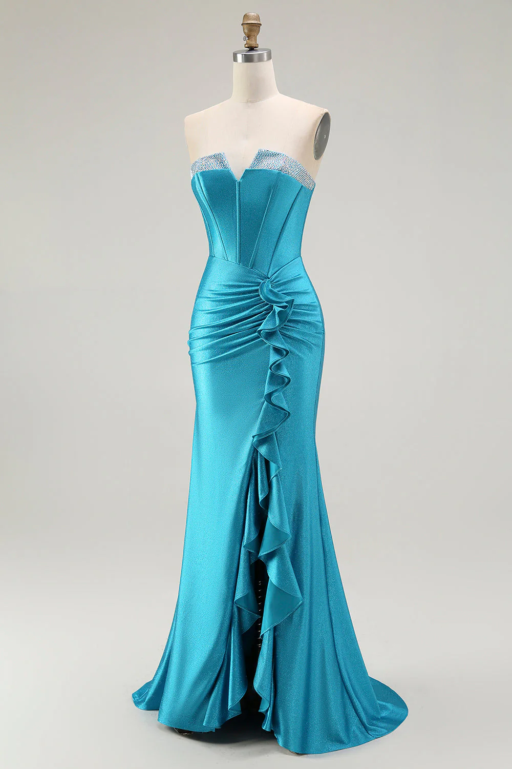 Mermaid Strapless Corset Beaded Blue Prom Dress with Ruffle Slit - Image 3