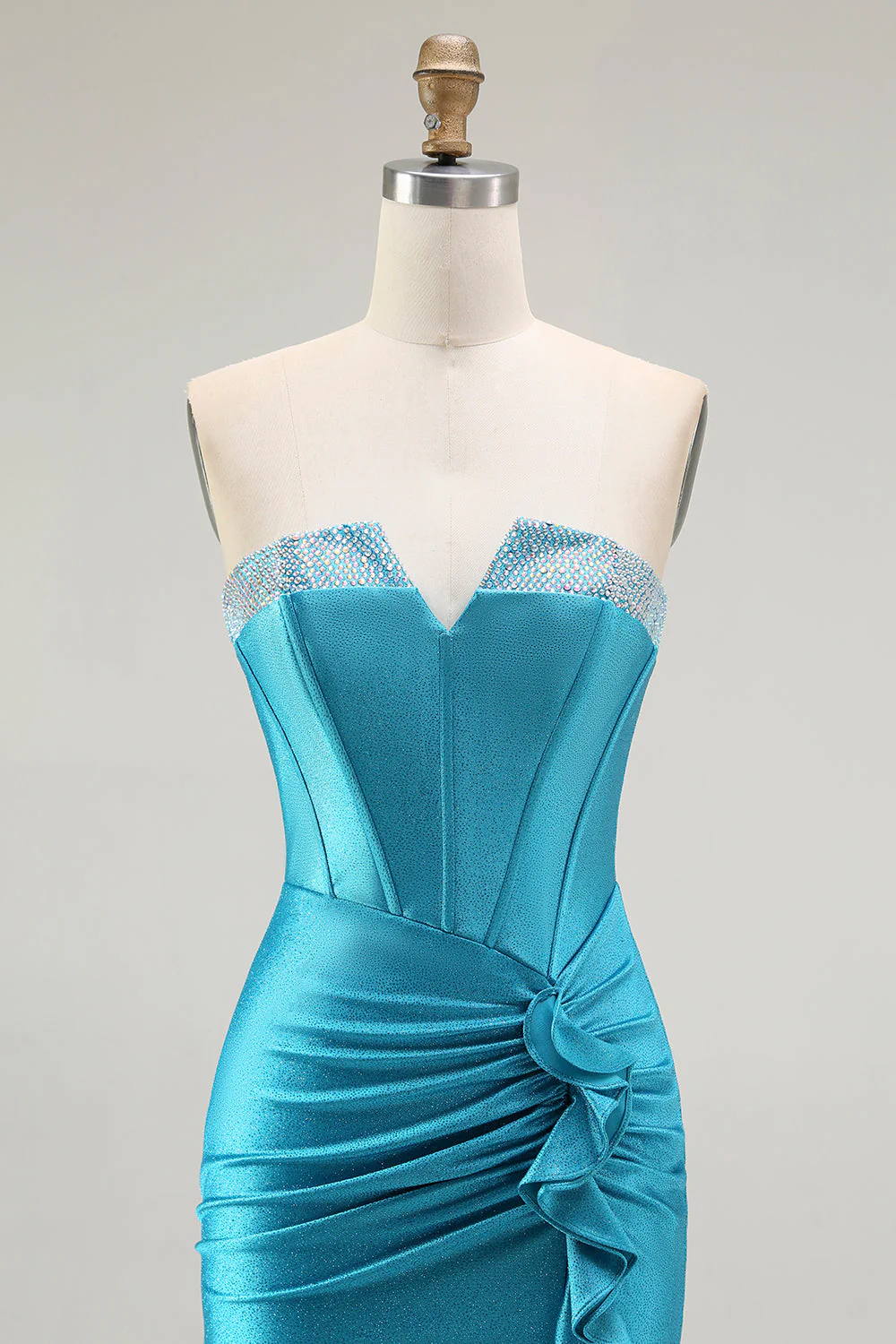 Mermaid Strapless Corset Beaded Blue Prom Dress with Ruffle Slit - Image 4