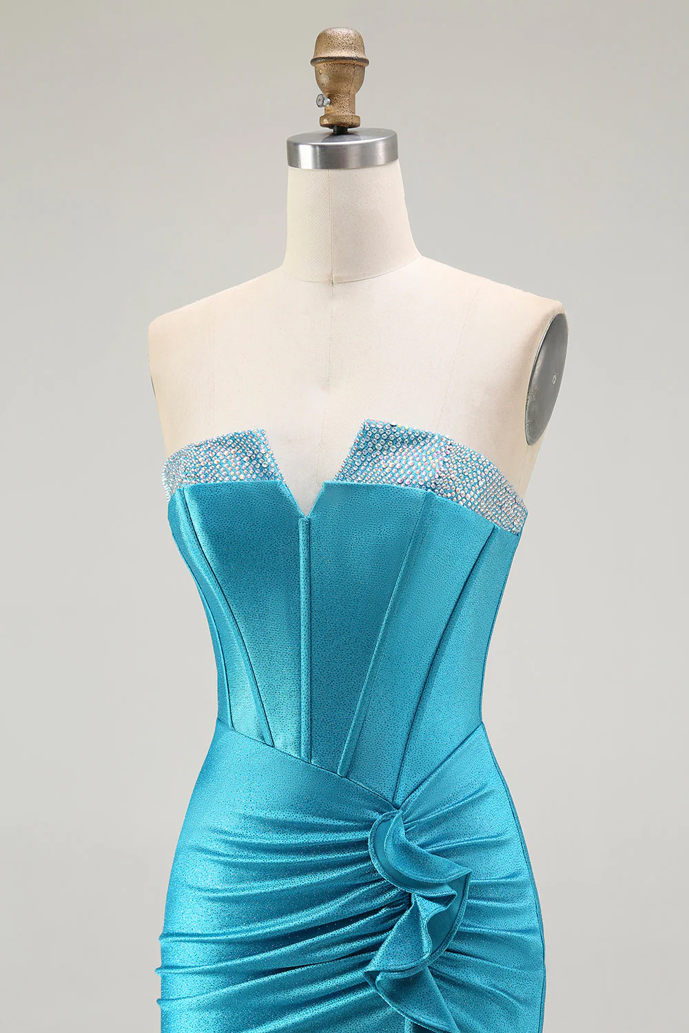 Mermaid Strapless Corset Beaded Blue Prom Dress with Ruffle Slit - Image 6