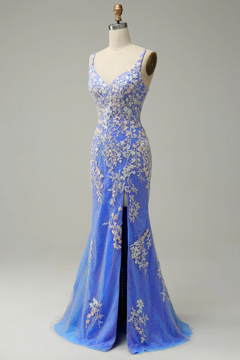 Mermaid V Neck Light Blue Long Prom Dress with Appliques Beading - Image 3