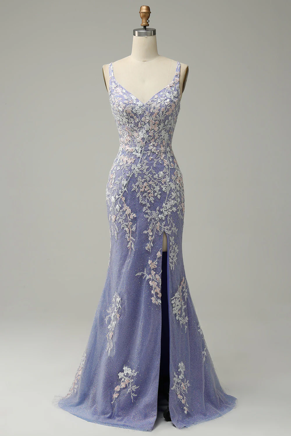 Mermaid V Neck Light Blue Long Prom Dress with Appliques Beading - Image 7