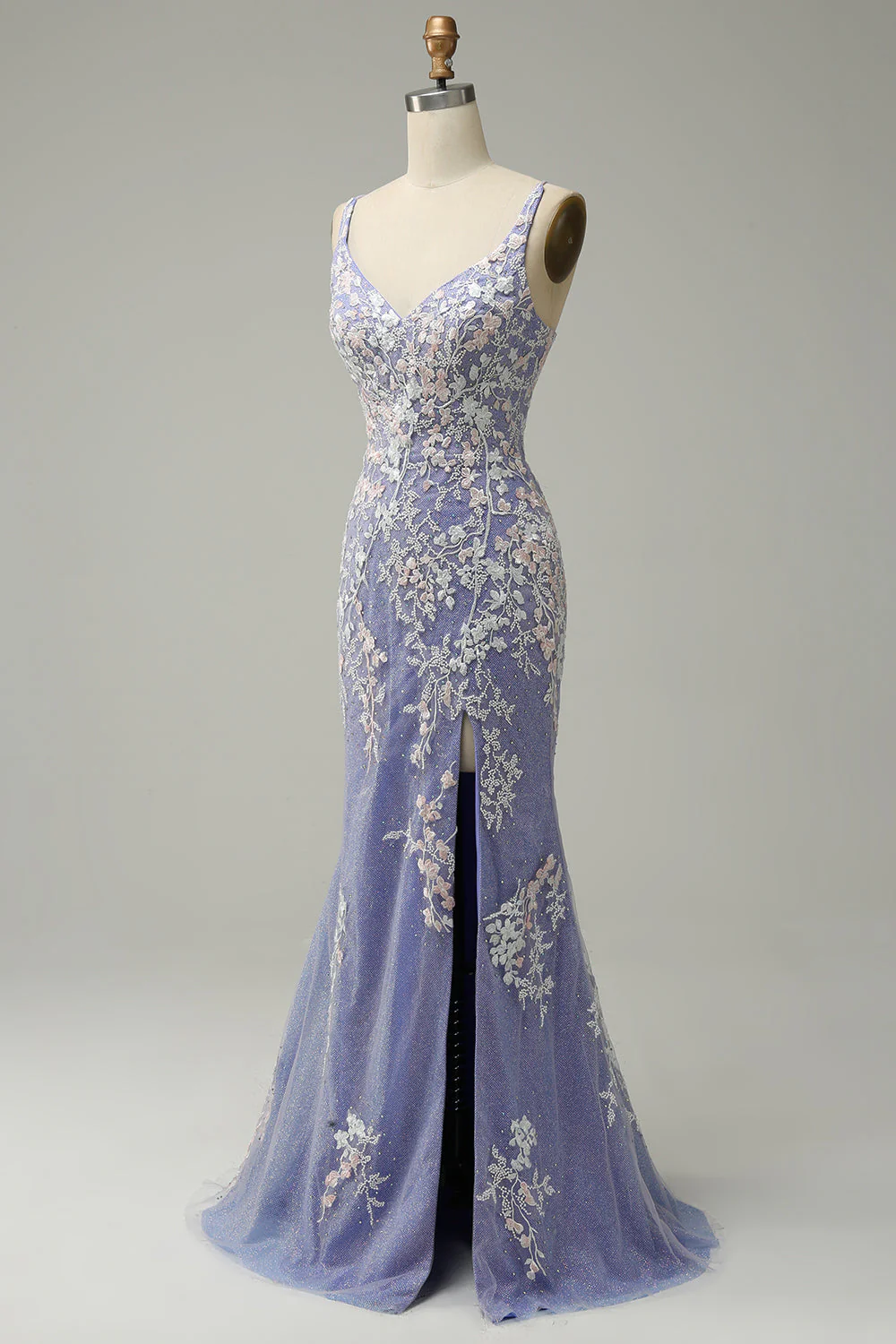 Mermaid V Neck Light Blue Long Prom Dress with Appliques Beading - Image 9